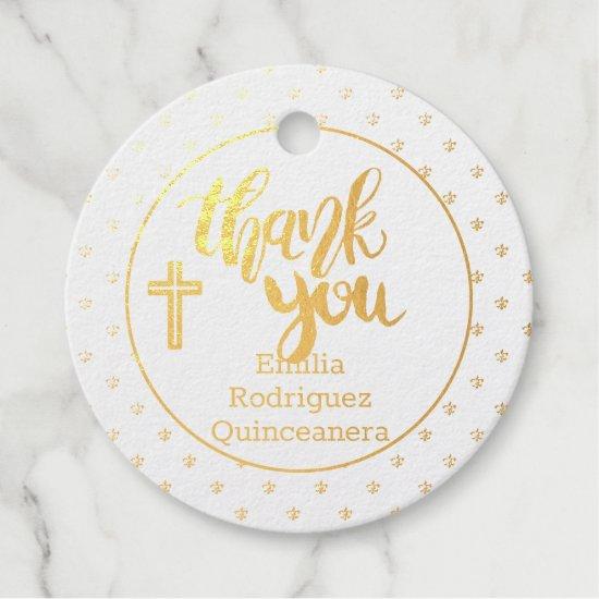 12 GOLD FOIL Catholic Cross Thank You QUINCEANERA Foil Favor Tags