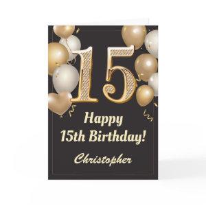 15th Birthday Black and Gold Balloons Confetti Card