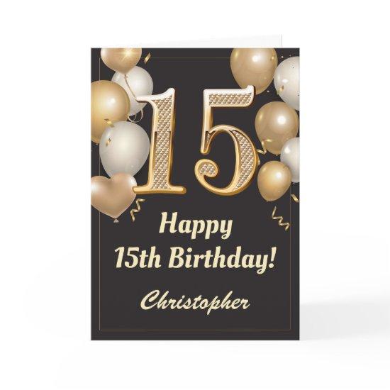 15th Birthday Black and Gold Balloons Confetti Card