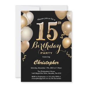 15th Birthday Black and Gold Balloons Confetti