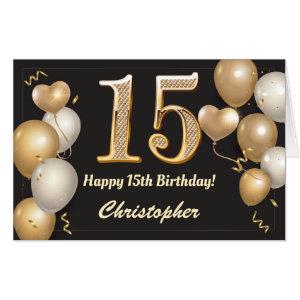 15th Birthday Black and Gold Balloons Extra Large Card
