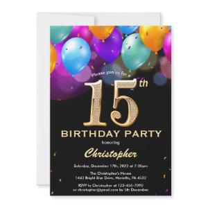 15th Birthday Black and Gold Colorful Balloons