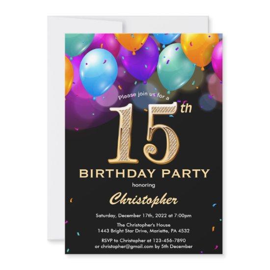 15th Birthday Black and Gold Colorful Balloons