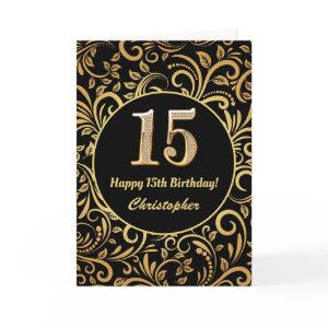 15th Birthday Black and Gold Floral Pattern Card