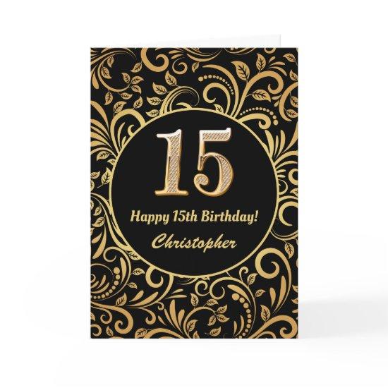 15th Birthday Black and Gold Floral Pattern Card