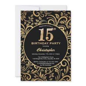 15th Birthday Black and Gold Floral Pattern