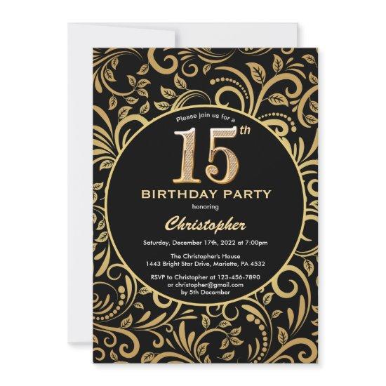 15th Birthday Black and Gold Floral Pattern