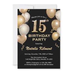 15th Birthday Black and Gold Glitter Balloons