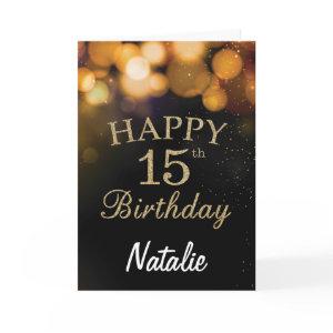 15th Birthday  Black and Gold Glitter Card