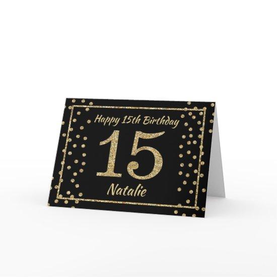 15th Birthday Black and Gold Glitter Confetti Card
