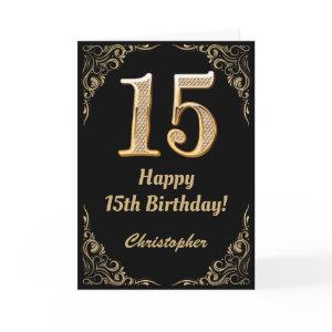 15th Birthday Black and Gold Glitter Frame Card