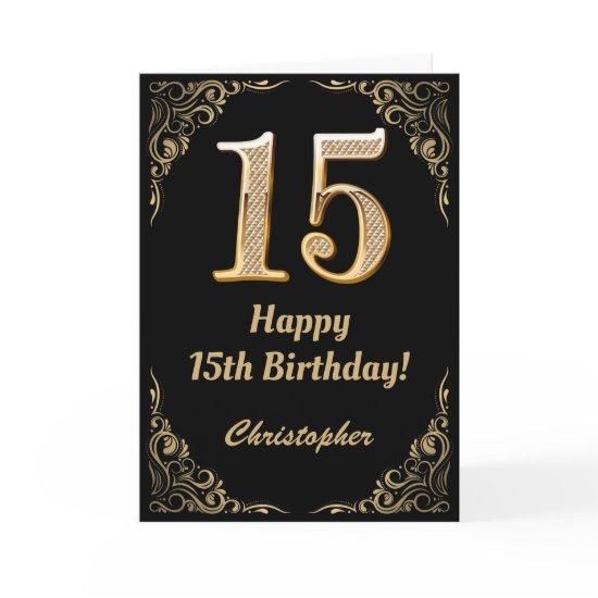 15th Birthday Black and Gold Glitter Frame Card