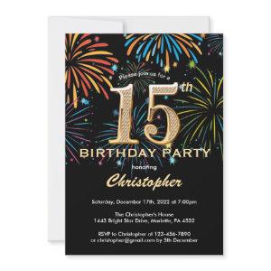 15th Birthday Black and Gold Rainbow Fireworks