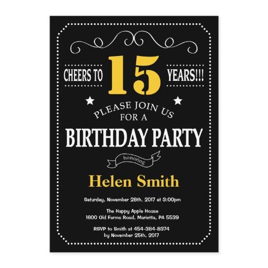 15th Birthday Black and Yellow Chalkboard