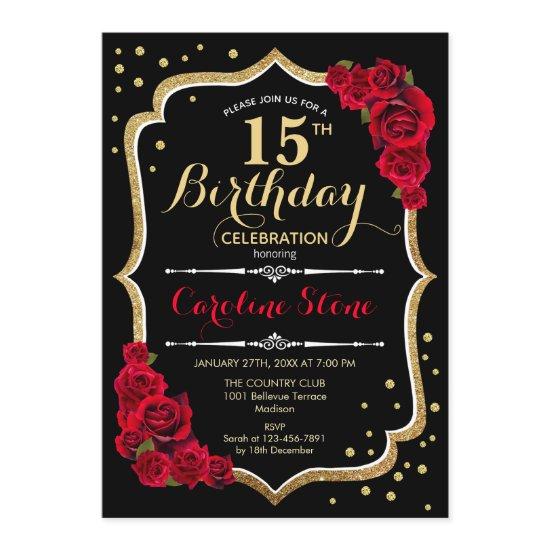 15th Birthday - Black Gold Red Roses