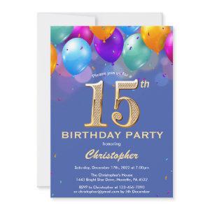 15th Birthday Blue and Gold Colorful Balloons
