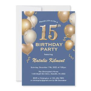 15th Birthday Blue and Gold Glitter Balloons