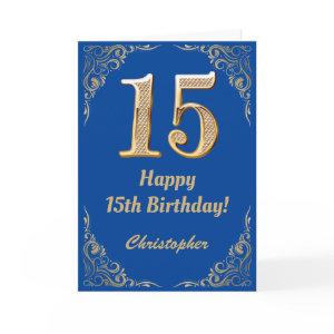 15th Birthday Blue and Gold Glitter Frame Card