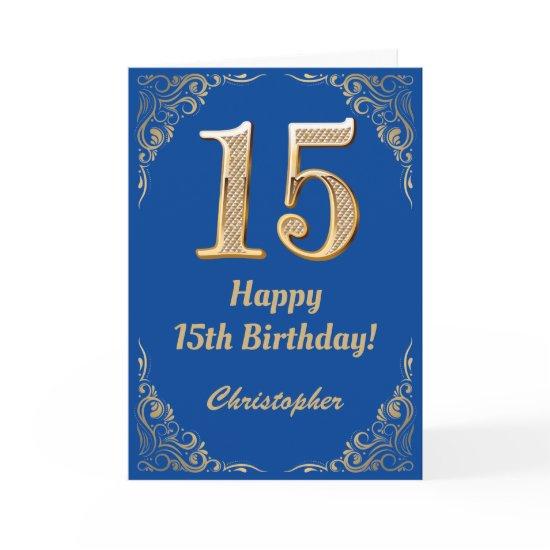 15th Birthday Blue and Gold Glitter Frame Card