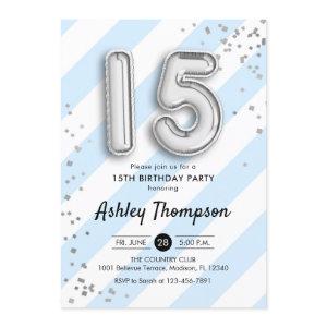 15th Birthday -  Blue Stripes Silver Balloons