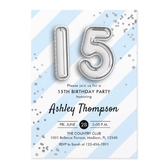 15th Birthday -  Blue Stripes Silver Balloons
