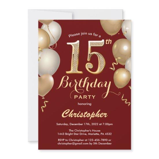 15th Birthday Dark Red and Gold Balloons Confetti