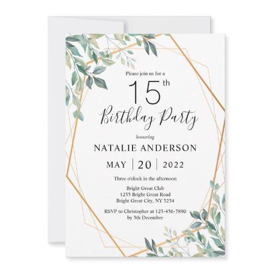 15th Birthday Elegant Eucalyptus Greenery and Gold