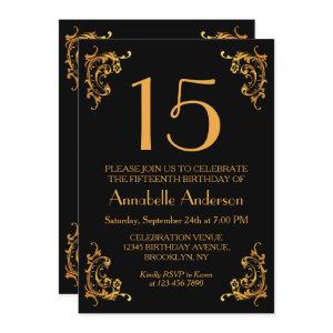 15th Birthday Elegant Gold Black Vintage Retro