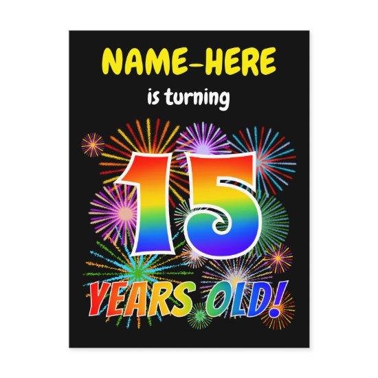 15th Birthday - Fun Fireworks, Rainbow Look "15" Postcard
