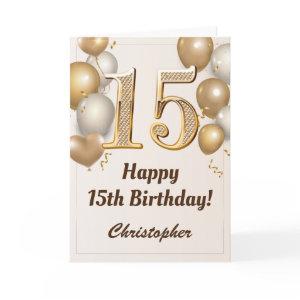 15th Birthday Gold Balloons and Confetti Birthday Card