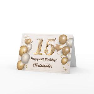 15th Birthday Gold Balloons and Confetti Birthday Card