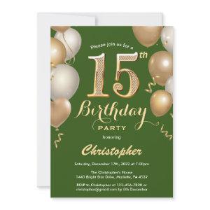 15th Birthday Green and Gold Balloons Confetti