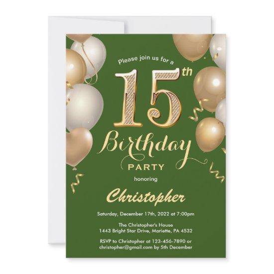 15th Birthday Green and Gold Balloons Confetti