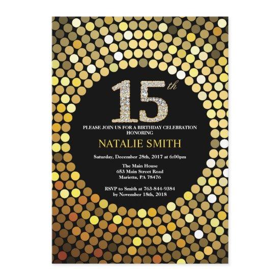 15th Birthday  Black and Gold Glitter