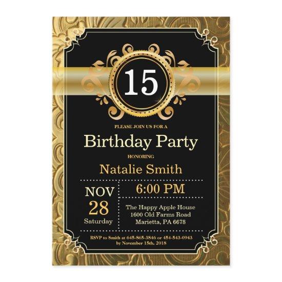 15th Birthday  Black and Gold Glitter