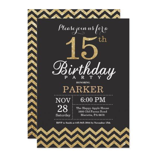 15th Birthday  Black and Gold Glitter