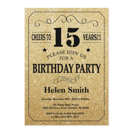 15th Birthday  Black and Gold Glitter