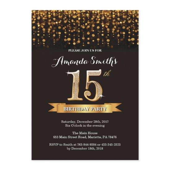 15th Birthday  Black and Gold Glitter
