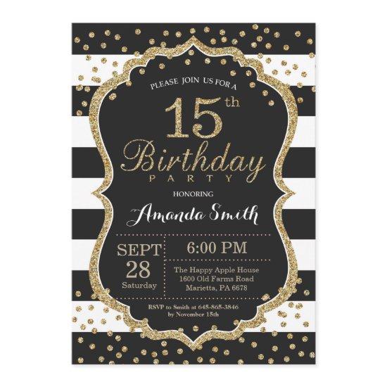 15th Birthday . Black and Gold Glitter