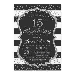 15th Birthday . Black and Silver Glitter