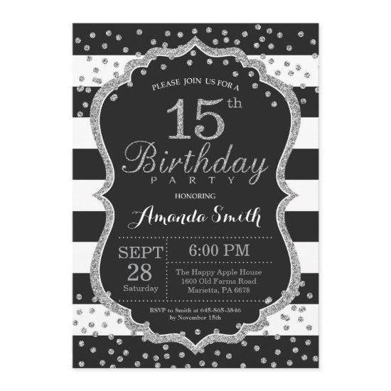 15th Birthday . Black and Silver Glitter