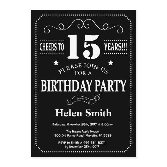 15th Birthday  Black White Chalkboard