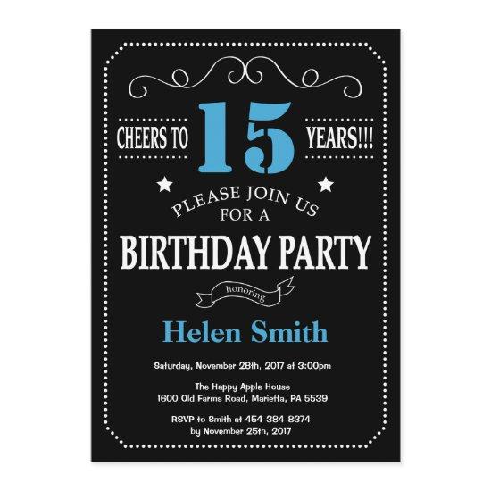 15th Birthday  Blue and Black Chalkboard