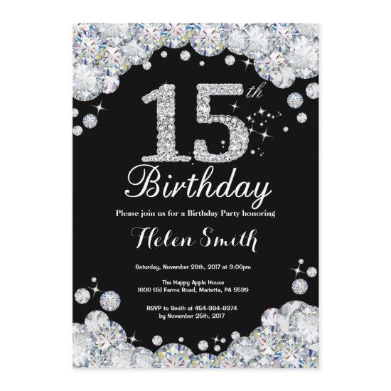 15th Birthday  Chalkboard Silver Diamond