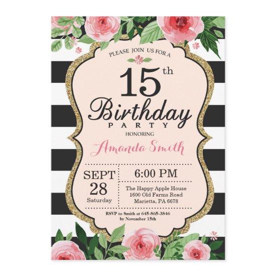 15th Birthday . Floral Pink Gold Black
