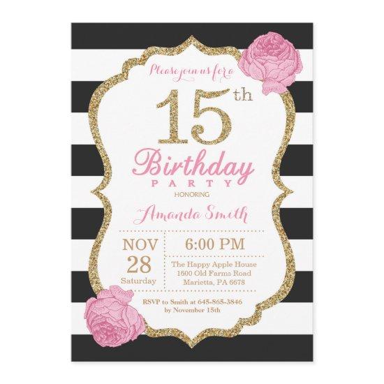15th Birthday  Pink Black Gold Floral