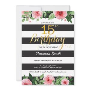 15th Birthday  Teen. Floral Gold Black