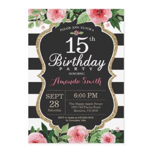 15th Birthday  Women. Floral Gold Black