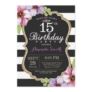 15th Birthday  Women. Floral Gold Black