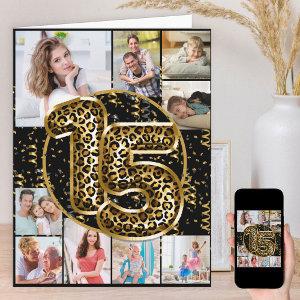 15th Birthday Leopard Print Gold Balloons Photo Card